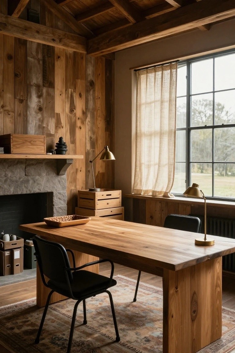 Home office interior with vertical wood-paneled walls and ceiling, large wooden desk with black chairs, brass desk lamps, wooden shelves, stone fireplace, and window with sheer curtains overlooking trees.