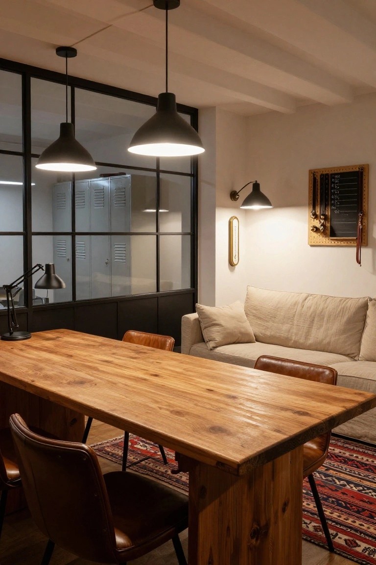 Home office interior with large rectangular wooden table as desk, tan leather chairs, beige linen sofa, black pendant lights, desk lamp, and glass partition with metal lockers behind.