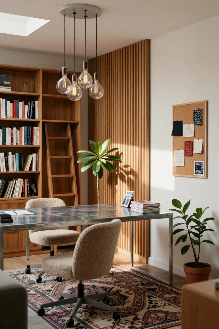 Home office featuring tall wooden bookshelves with ladder, vertical slatted wood wall, metal-legged desk, two cream upholstered chairs, pendant lights with exposed bulbs, plants, corkboard, and patterned rug on wood floor under skylight.