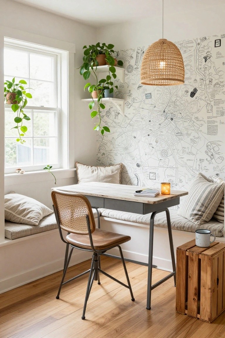 Home office nook with built-in beige banquette seating along a large window, wooden desk with rattan chair, potted plants, rattan pendant light, and black line drawing wallpaper on the wall.