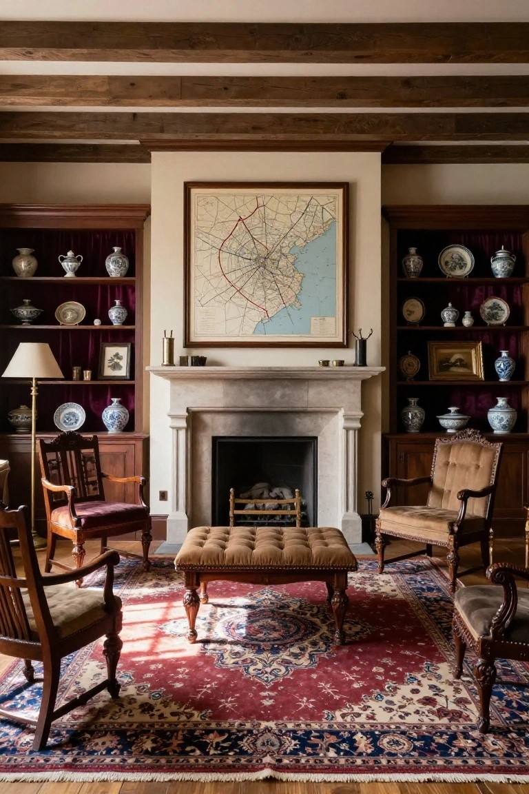 Traditional living room with exposed wooden ceiling beams, symmetrical dark wood bookcases filled with blue-and-white porcelain flanking a lit marble fireplace, antique chairs and ottoman on a red Persian rug.