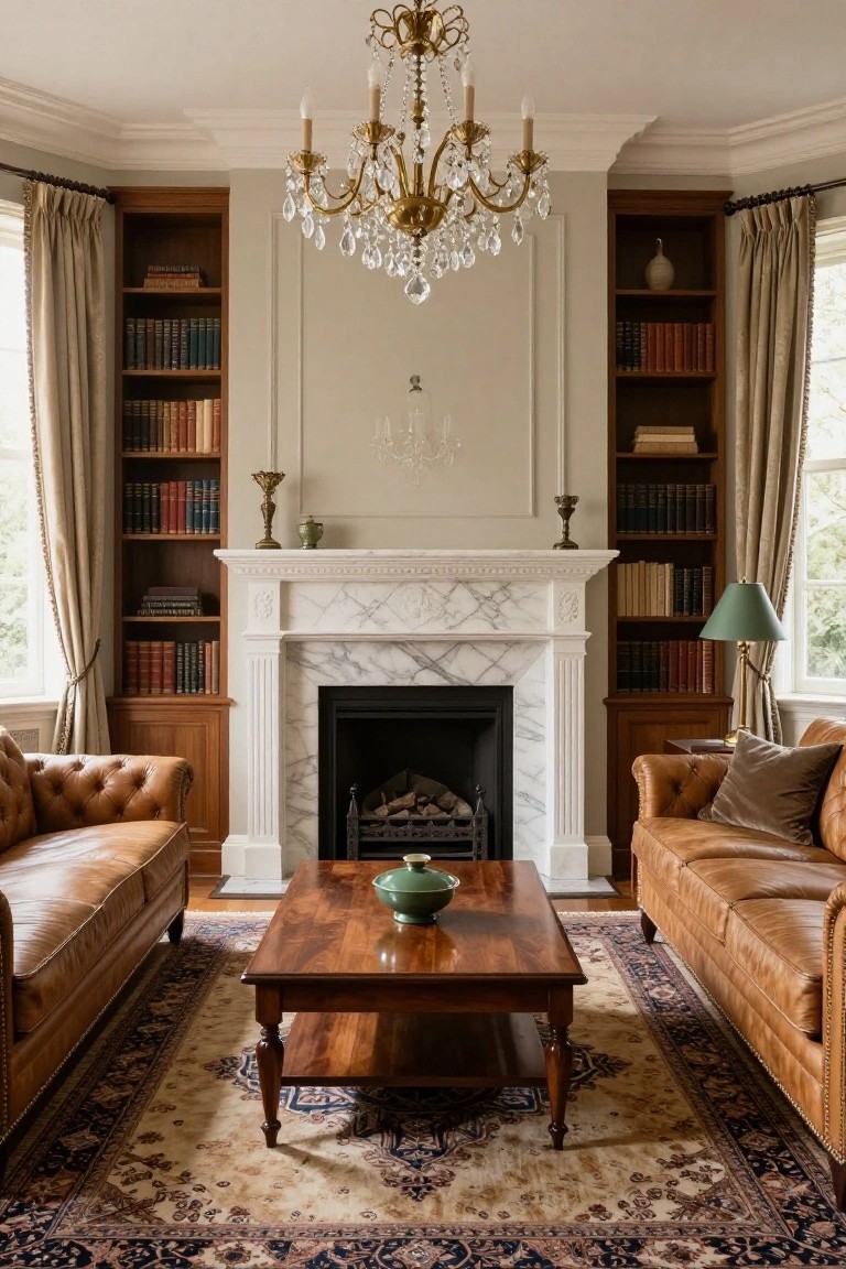 Traditional living room with tall wooden bookshelves flanking a white marble fireplace, two brown leather sofas facing a wooden coffee table, crystal chandelier overhead, and beige curtains at large windows.