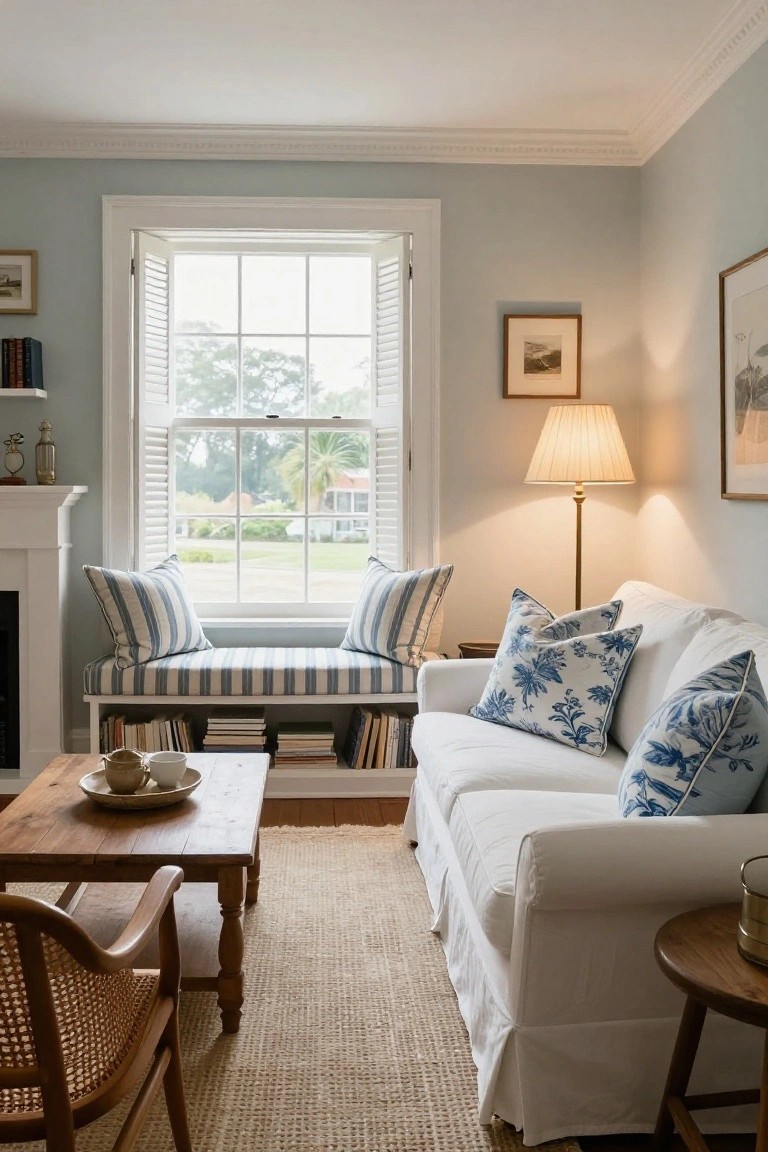Light blue traditional living room with white slipcovered sofa, blue floral and striped pillows, built-in window seat with storage shelves and striped cushions, wooden coffee table, rattan chair, seagrass rug, and lamp next to open shutters showing garden view.