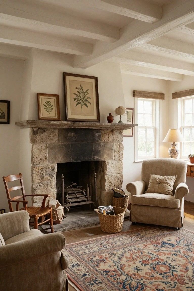 A living room with a large rustic stone fireplace displaying botanical prints and ceramics on the mantel, beige upholstered armchairs, a wooden ladderback chair with cushions, woven baskets, and a patterned rug on wood floors under white beamed ceilings.