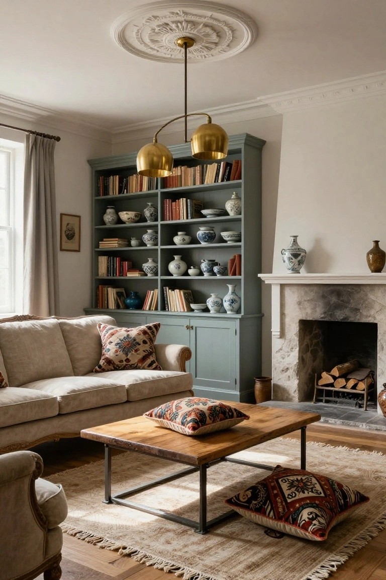 A traditional living room with a tall teal-painted bookcase filled with blue-and-white ceramic vases, bowls, and books, a beige sofa with patterned cushions, a live-edge wooden coffee table on metal legs, and a stone fireplace.