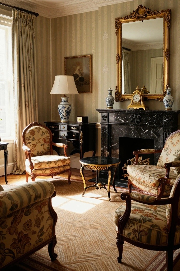 Sunlit traditional living room with beige striped wallpaper, large gold gilt mirror, black marble fireplace flanked by blue porcelain vases, carved wooden desk, and several floral-upholstered armchairs arranged around a small round table on a seagrass rug.