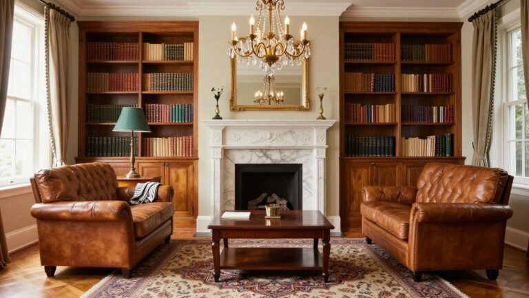 Traditional living room with tall wooden bookshelves flanking a white marble fireplace, two brown leather sofas facing a wooden coffee table, crystal chandelier overhead, and beige curtains at large windows.