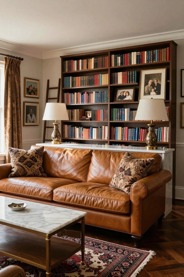 A traditional living room with tall wooden bookshelves filled with books and photos, a tan leather sofa with patterned pillows, a white marble coffee table on brass legs, brass lamps, and a patterned rug on herringbone wood floors.