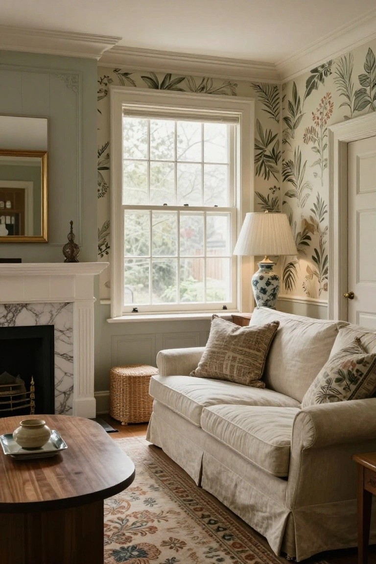 A traditional living room corner with cream slipcovered sofa, round wooden coffee table, marble fireplace, blue-and-white ginger jar lamp, gold-framed mirror, and walls covered in large-scale botanical wallpaper, next to a large window.