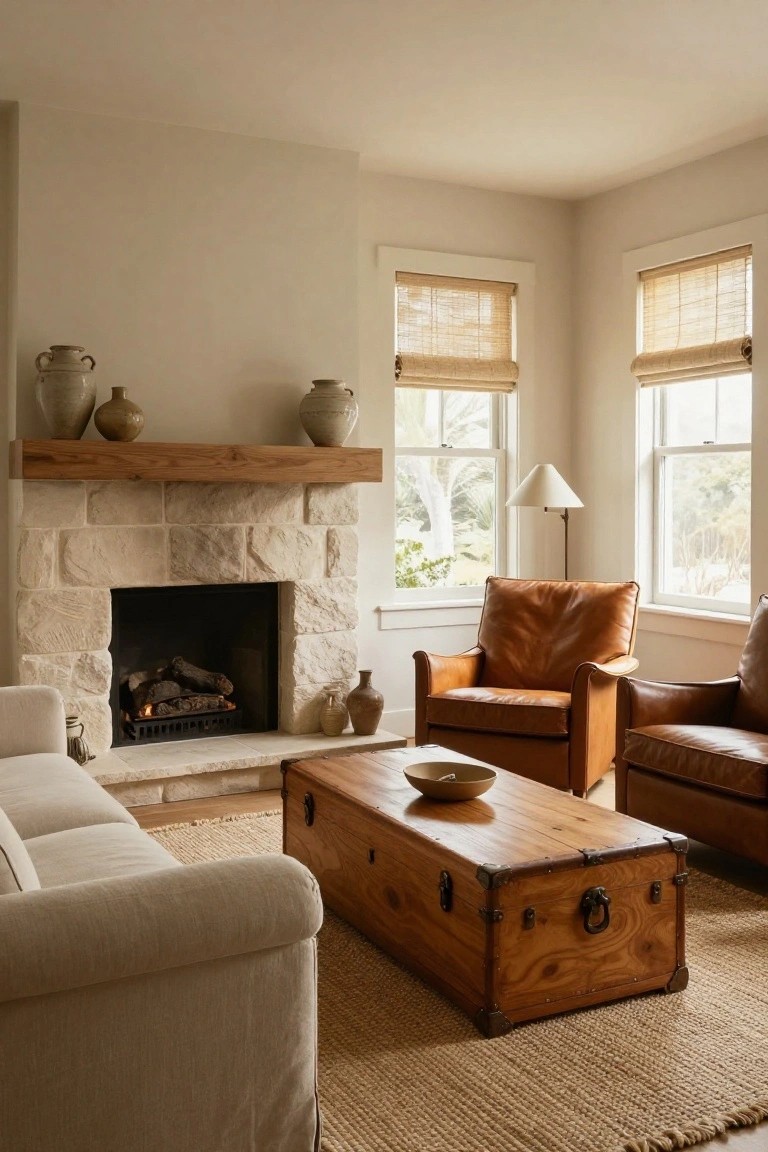Living room with creamy stone fireplace topped by wooden mantel and pottery vases, tan leather armchairs, white slipcovered sofa, wooden trunk coffee table with metal hardware, jute rug, and windows with rolled-up bamboo shades.