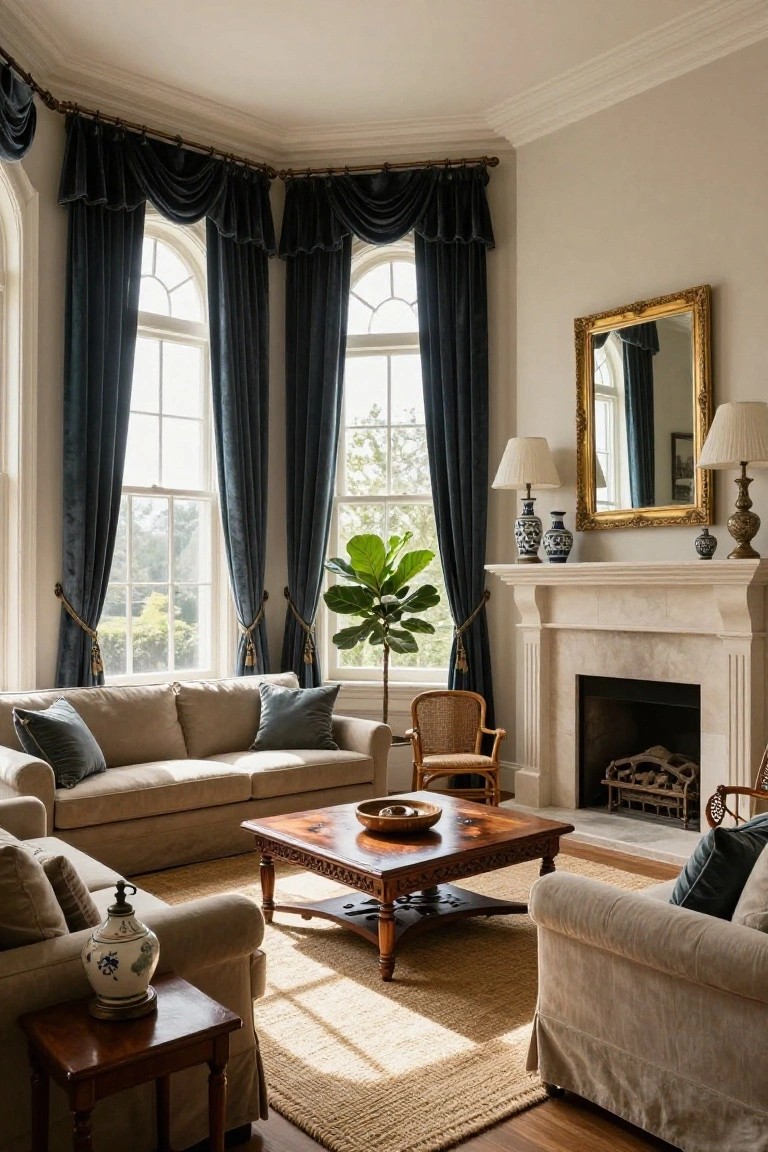 Sunlit corner of a traditional living room with beige slipcovered sofas around a carved wooden coffee table, navy velvet curtains on tall arched windows, a marble fireplace with logs and vases on the mantel, a fiddle leaf fig plant, and rattan chairs.