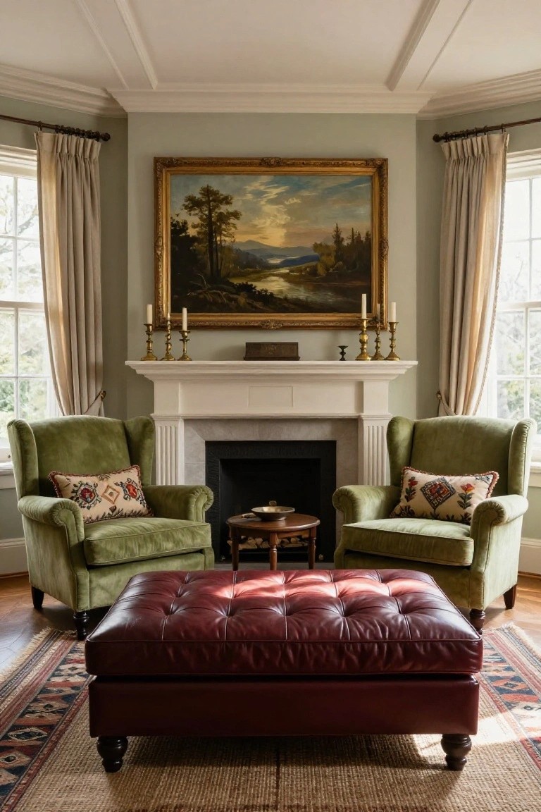 Corner of a traditional living room with two green velvet wingback armchairs flanking a white marble fireplace mantel, a red tufted leather ottoman centered in front, brass candlesticks and a landscape oil painting above the mantel, and tall windows with beige curtains.