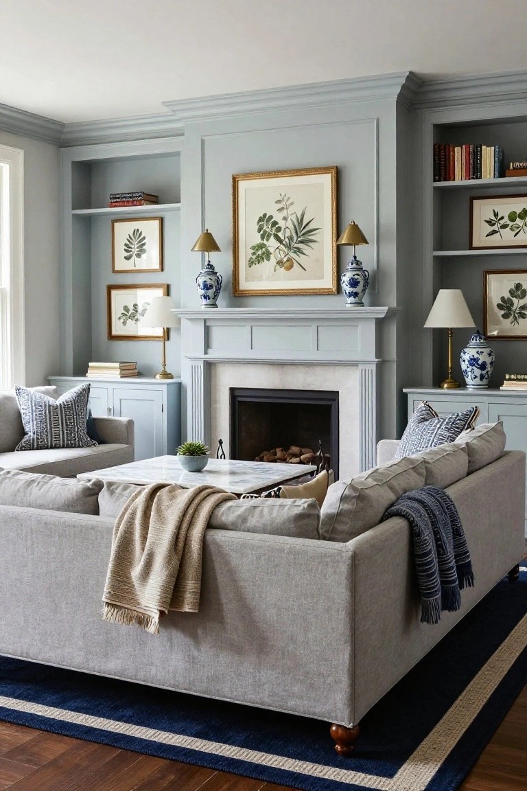 A traditional living room with pale blue built-in bookshelves and cabinets flanking a fireplace, gray linen sofas with throw blankets, a white marble coffee table, blue and white porcelain vases, and framed botanical prints on the walls.