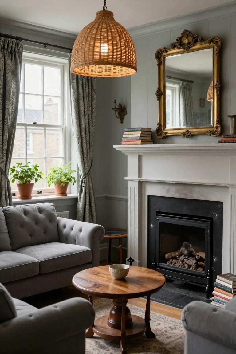 A cozy living room featuring light gray tufted sofas and armchairs arranged around a round wooden coffee table in front of a white fireplace with a black firebox, under a rattan pendant light, with potted plants on the windowsill and a gilt mirror on the wall.