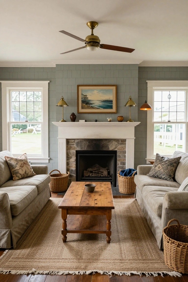 A cozy traditional living room featuring two facing beige slipcovered sofas, a wooden coffee table, seagrass rug, stone fireplace with gas logs, light gray shiplap walls, brass ceiling fan, and wicker baskets.
