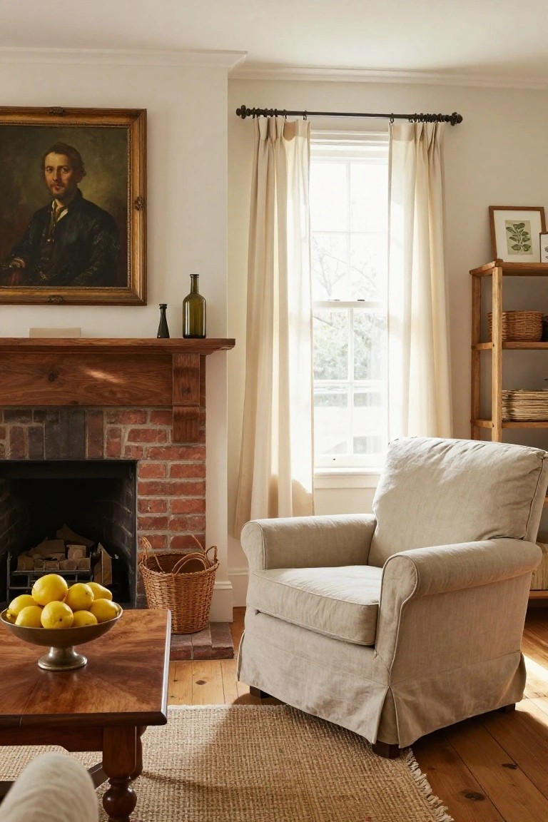 A traditional living room with a brick fireplace under a wooden mantel, a beige linen slipcovered armchair nearby, a wooden coffee table holding lemons in a silver bowl, sheer curtains on windows, and a portrait painting on the wall.