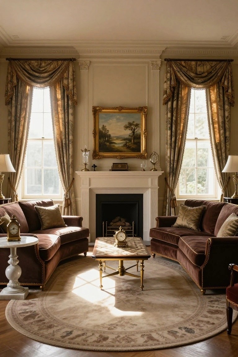 A sunlit traditional living room with two matching tufted brown velvet sofas facing a white fireplace across a central brass coffee table, large windows with draped curtains on both sides, a gold-framed landscape painting above the mantel, and a large round area rug.