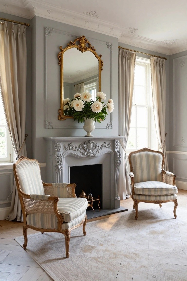 Gray living room with carved white fireplace mantel, two striped upholstered armchairs nearby, large gold-framed mirror above mantel holding white peony bouquet, and beige curtains on tall windows.