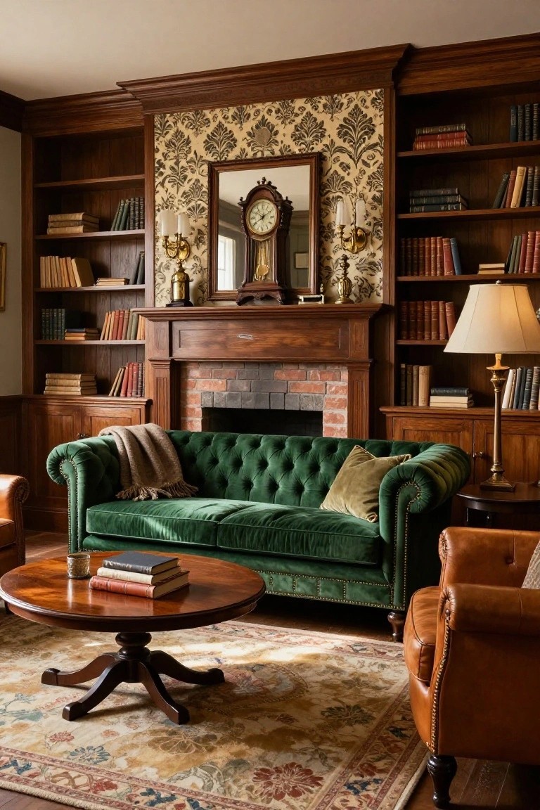 Traditional Library Lounge with Emerald Green Sofa