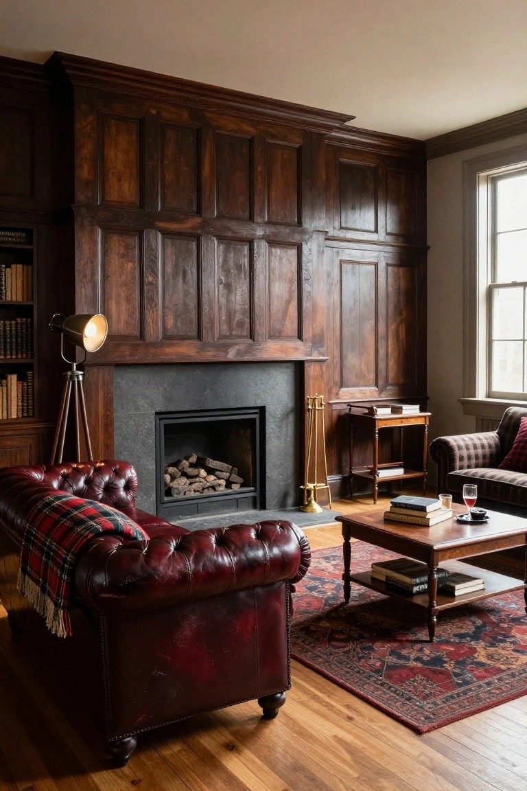 A traditional living room with extensive dark wood paneling on walls and built-ins, stone fireplace with burning logs, red leather tufted armchair draped with plaid blanket, wooden bookshelves, tripod floor lamp, small tables with books and drinks, coffee table, oriental rug, and checkered sofa.