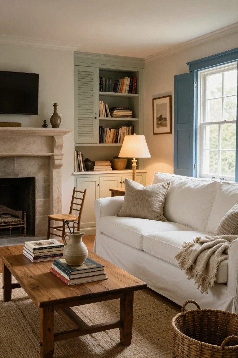A cozy living room with a stone fireplace flanked by light green painted wooden cabinets and open bookshelves, a white slipcovered sofa, wooden coffee table with books and a pitcher, and blue-shuttered windows.