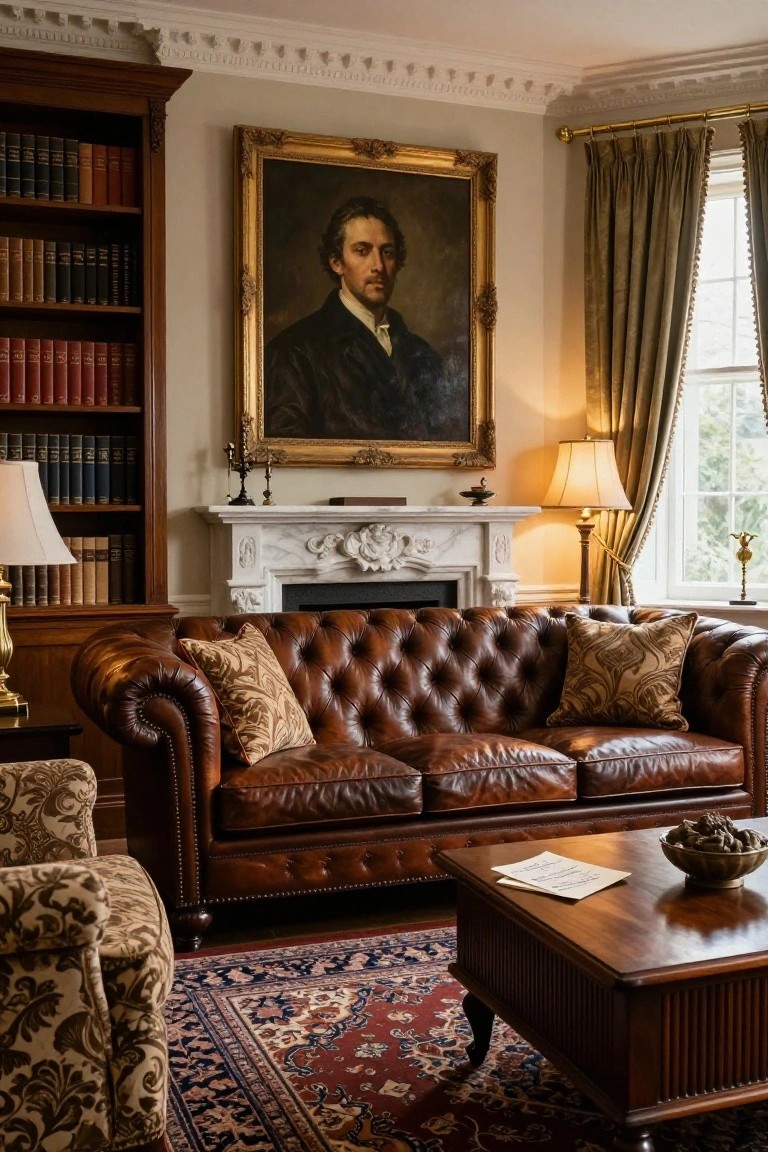 Traditional interior library room with brown tufted leather Chesterfield sofa facing a white marble fireplace, flanked by wooden bookshelves and a large gilded portrait on the wall.