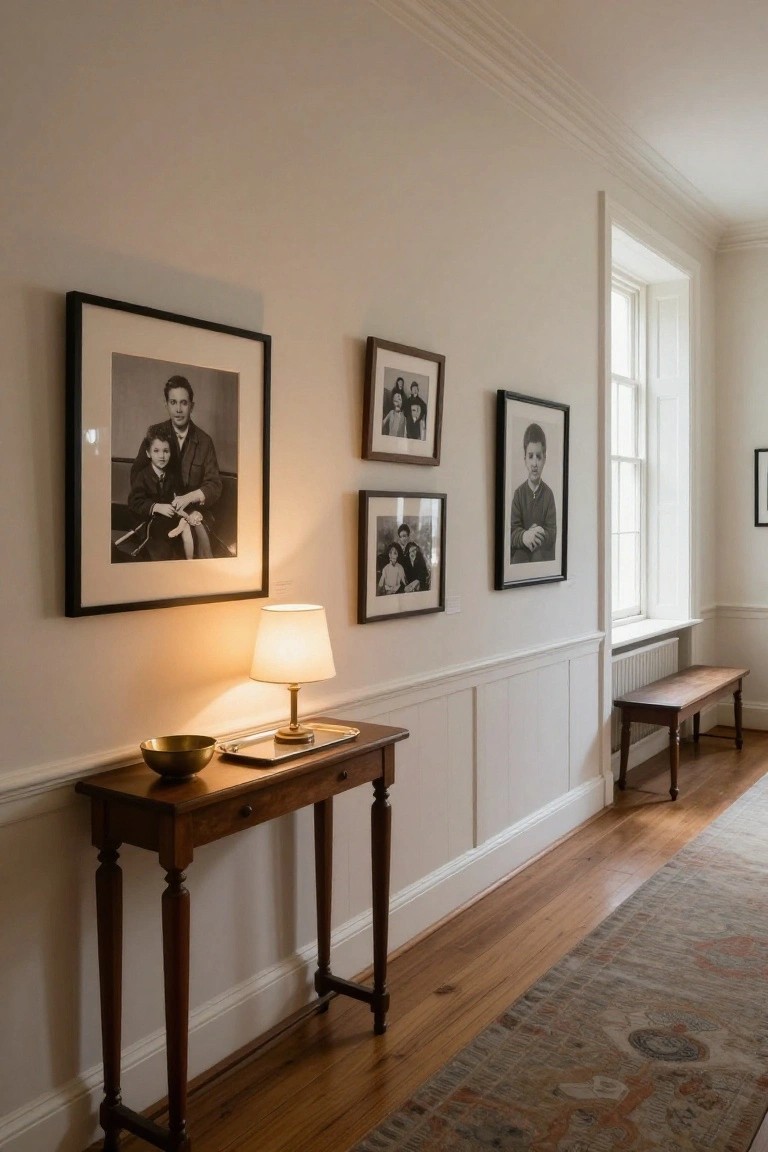 Narrow interior hallway with white wainscoting and hardwood floors, featuring a wooden console table with brass lamp, gold bowl, and silver tray, several black-and-white framed family photos on the wall, a bench near a window, and a patterned runner rug.