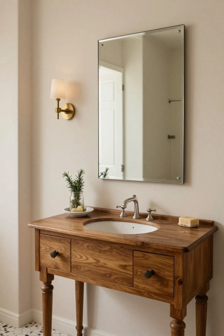 Wooden console-style bathroom vanity with undermount sink, brass faucet and handles, small dish of lemons and soap bar on the counter, jar of rosemary sprigs, wall-mounted mirror above, brass sconce light beside, against beige walls and terrazzo tile floor.