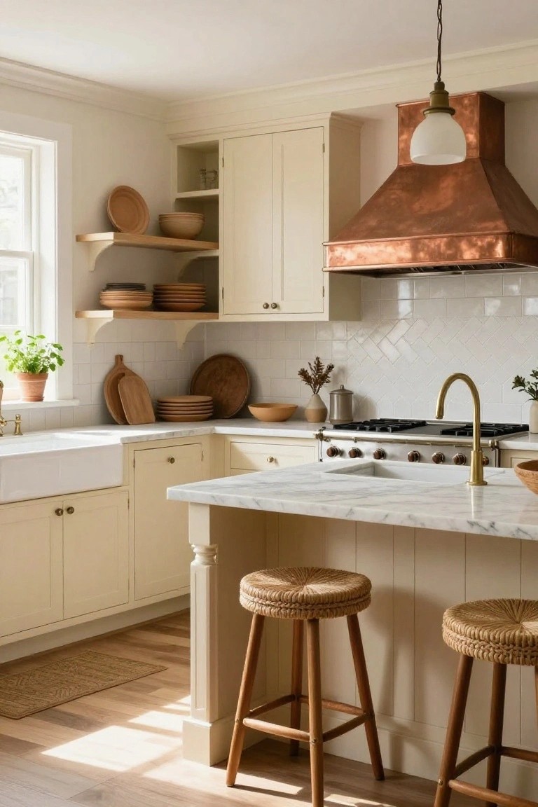A bright kitchen interior with off-white shaker cabinets, herringbone white subway tile backsplash, copper range hood over a gas cooktop, white farmhouse sink, marble island with rattan stools, and open wood shelves holding pottery and wooden boards.
