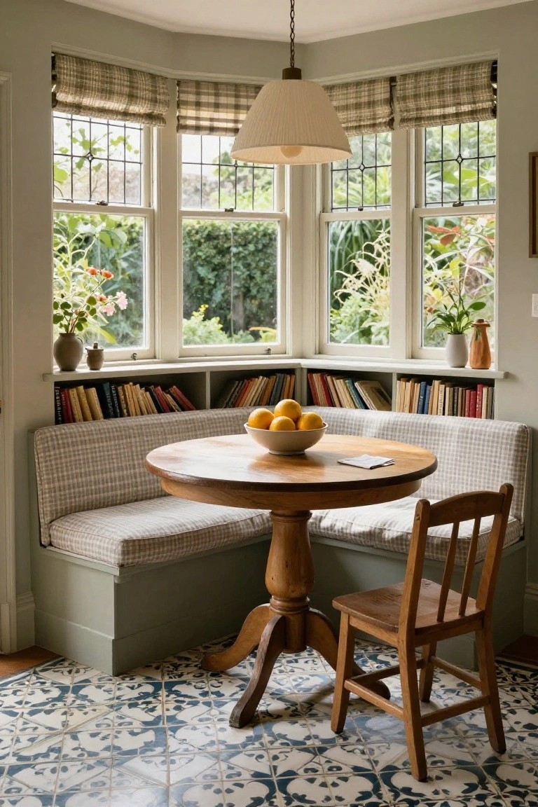 Bay window nook in a kitchen with built-in checkered banquette seating, round wooden table holding a bowl of oranges, wooden chair, bookshelves, plants, and blue patterned tile floor.