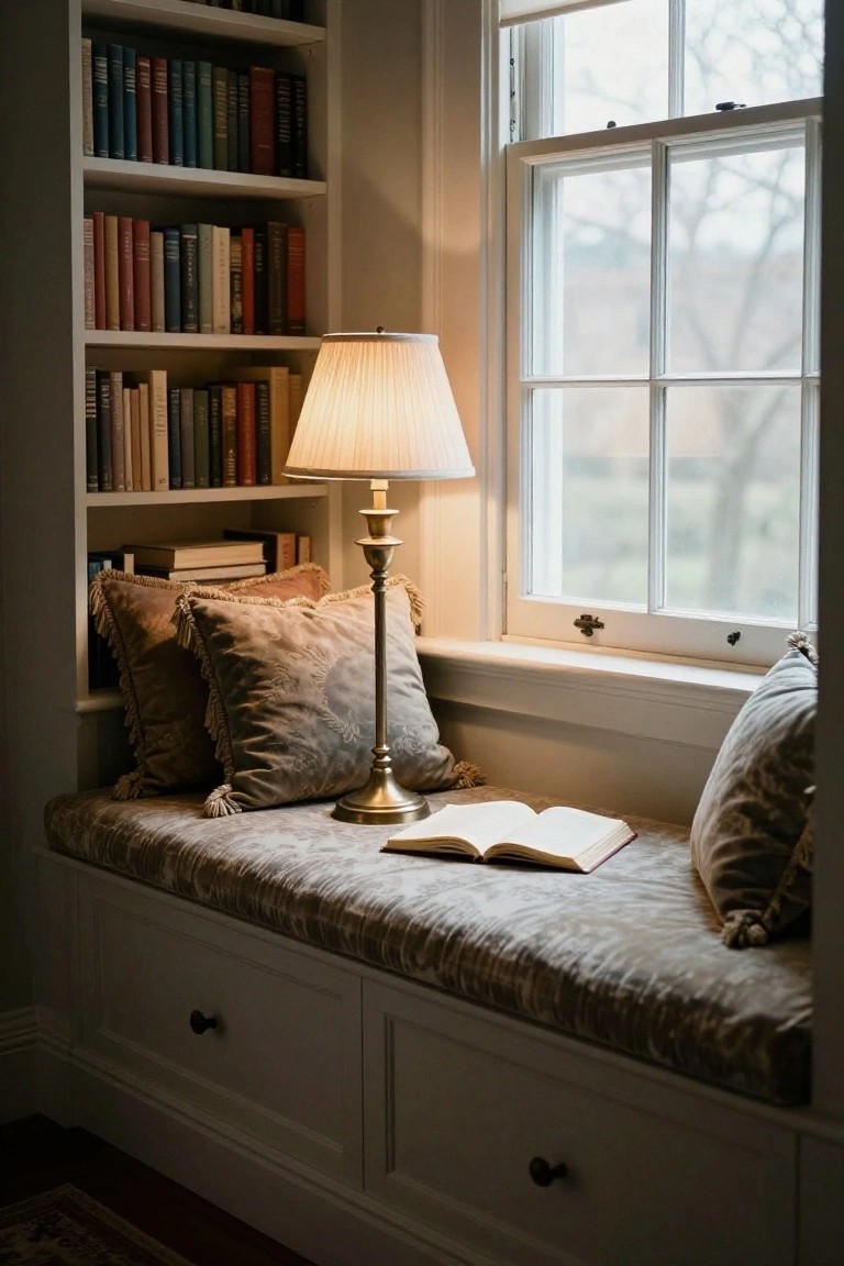 A cushioned window seat bench with storage drawers below, flanked by white bookshelves filled with books, plush gray pillows, a brass table lamp, and an open book on the seat next to a large multi-pane window.