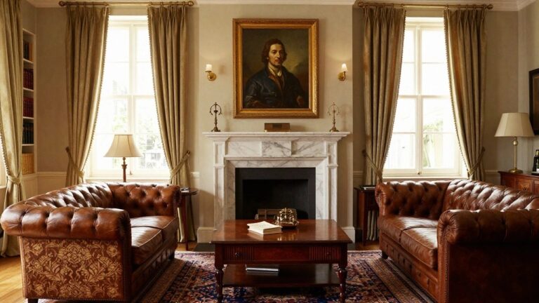 Traditional interior library room with brown tufted leather Chesterfield sofa facing a white marble fireplace, flanked by wooden bookshelves and a large gilded portrait on the wall.
