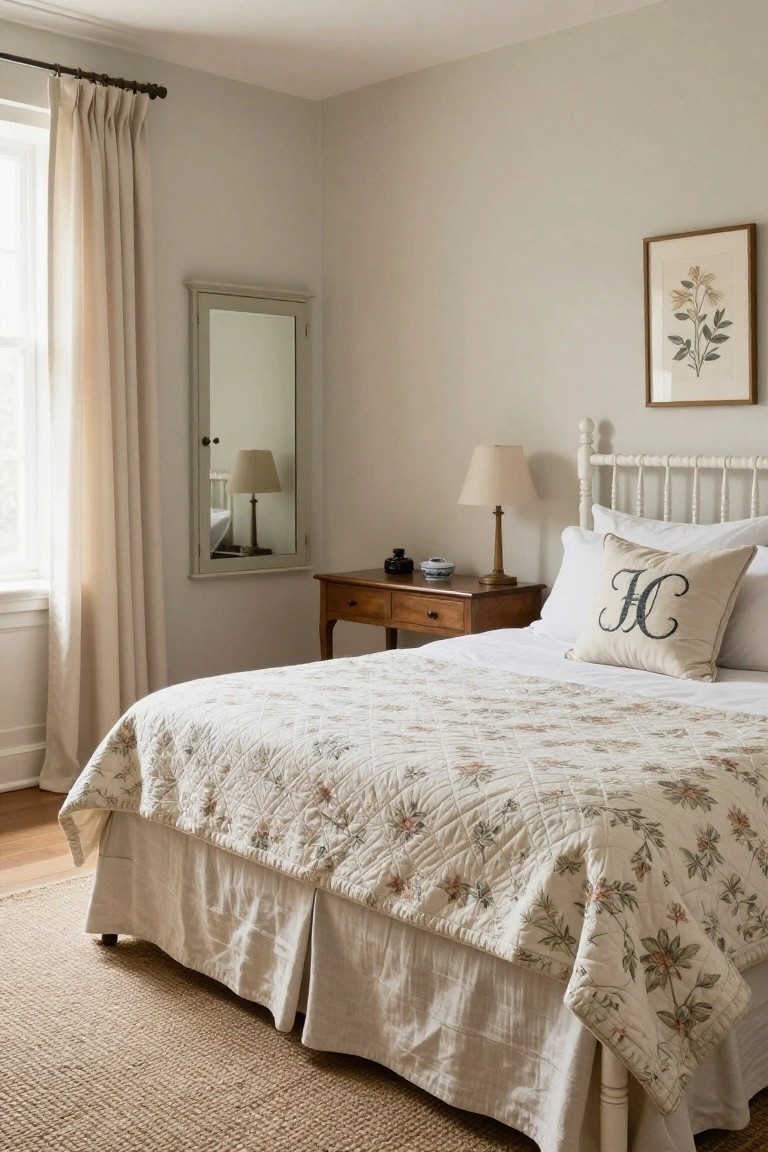 A bedroom interior featuring a white iron bedframe with a white floral quilted bedspread, neutral pillows including one monogrammed JC, pale greige walls, a wood side table with lamp, a freestanding mirror, sheer curtains on a window, and a beige seagrass rug on hardwood floors.