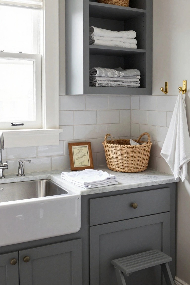 Corner indoor laundry area featuring gray shaker-style cabinets, white subway tile backsplash, farmhouse sink, marble countertop with folded white towels, open upper shelves holding stacked linens, wicker basket, hanging towels on gold hooks, and a gray step stool.