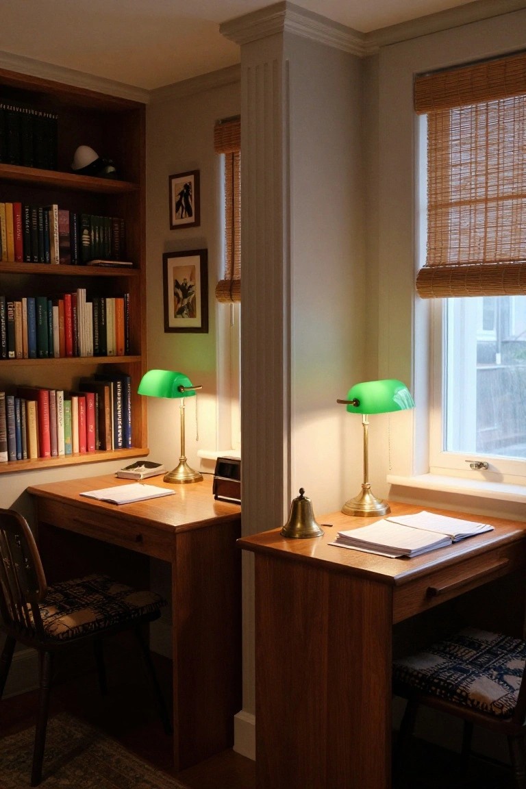 Interior of a study room with wooden bookshelves filled with books, two matching wooden desks facing each other under green banker's lamps, and bamboo shades on the windows.