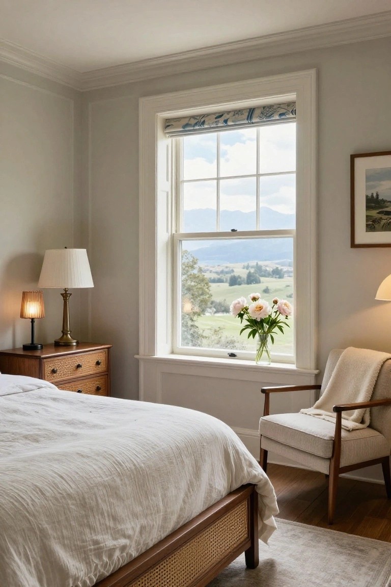 A bedroom corner with pale gray walls, a large open sash window showing mountains and fields, rattan bed frame with white linens, wooden dresser topped with two lamps, pink peonies in a glass vase on the windowsill, and a beige armchair with cream throw.