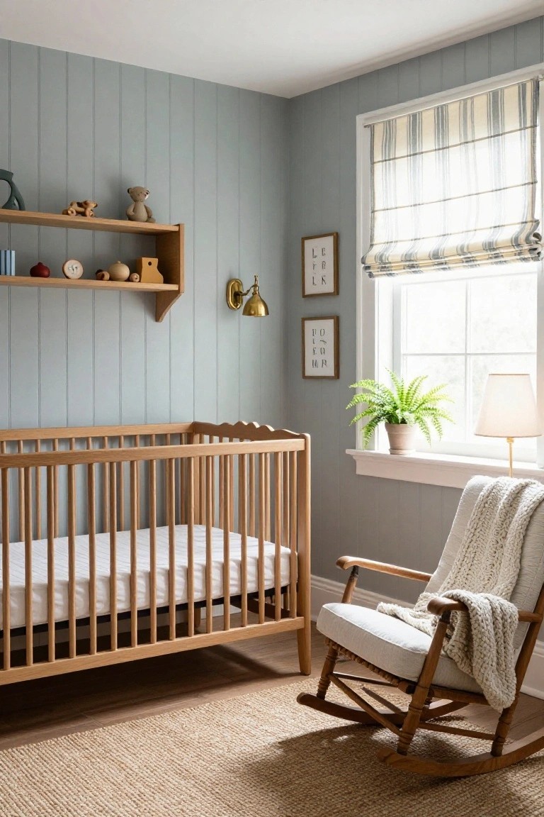Light blue shiplap-paneled nursery room with wooden crib, white rocking chair draped in a throw blanket, wooden shelves holding toys, potted fern by window with striped roman shade.
