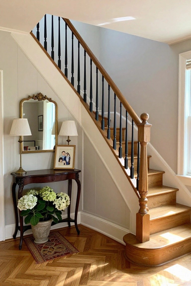 Light gray interior hallway with wooden staircase and black wrought iron balusters, antique mahogany console table holding potted white hydrangeas, two shaded lamps, gold ornate mirror, and framed family photo on herringbone wood floor.
