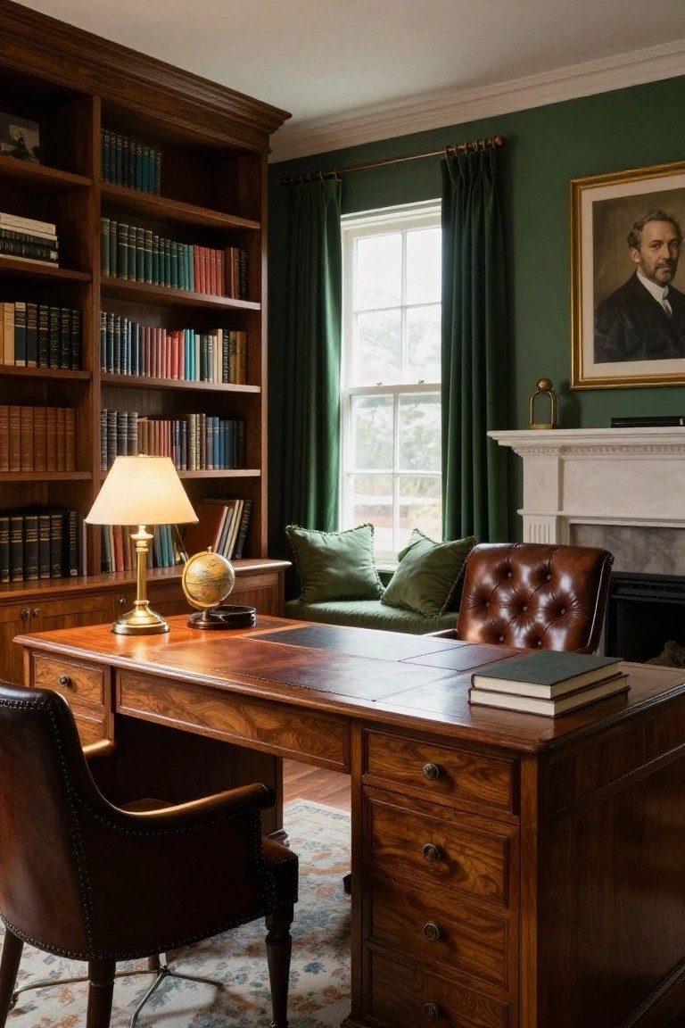 A traditional interior study with emerald green walls, tall wooden bookshelves filled with colorful books, a large wooden desk topped with books and a globe, leather armchairs, green velvet sofa cushions, brass lamp, and marble fireplace next to a window with green drapes.