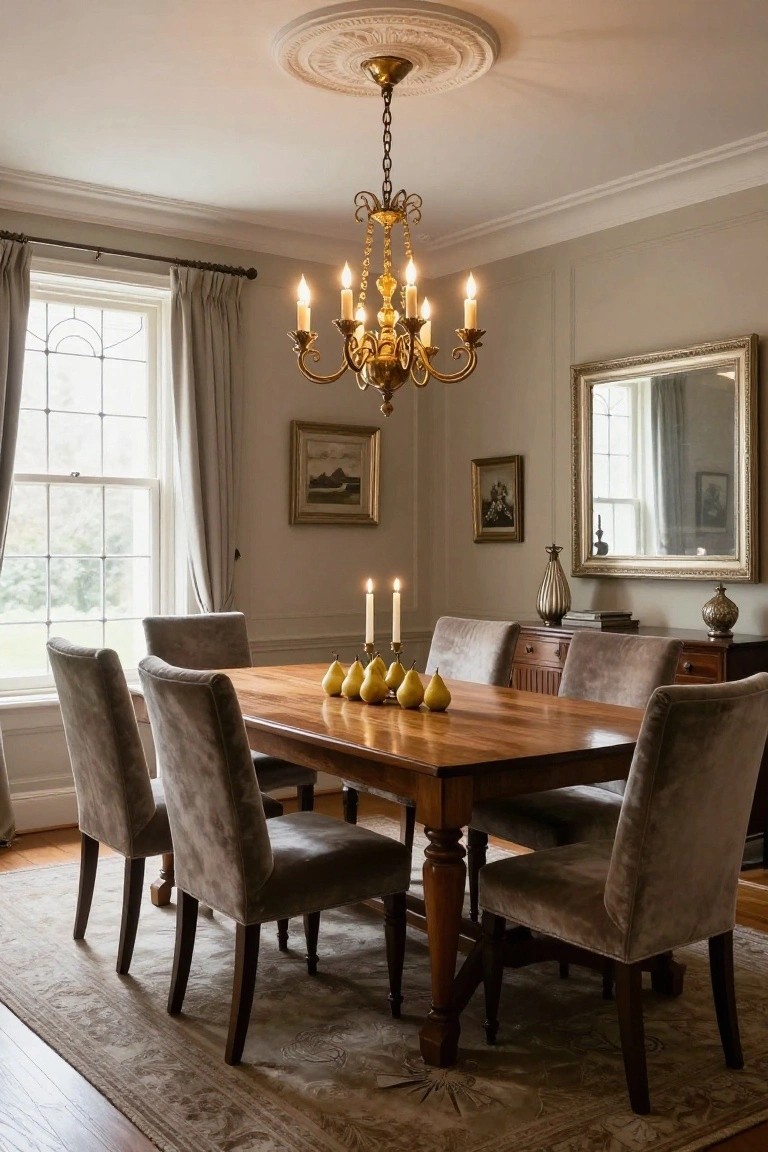 A traditional dining room with a rectangular wooden table surrounded by six tufted gray velvet chairs, a brass chandelier with lit candles above, clusters of pears as centerpiece, two lit taper candles, large curtained window, framed artwork, mirror, and sideboard on beige walls.