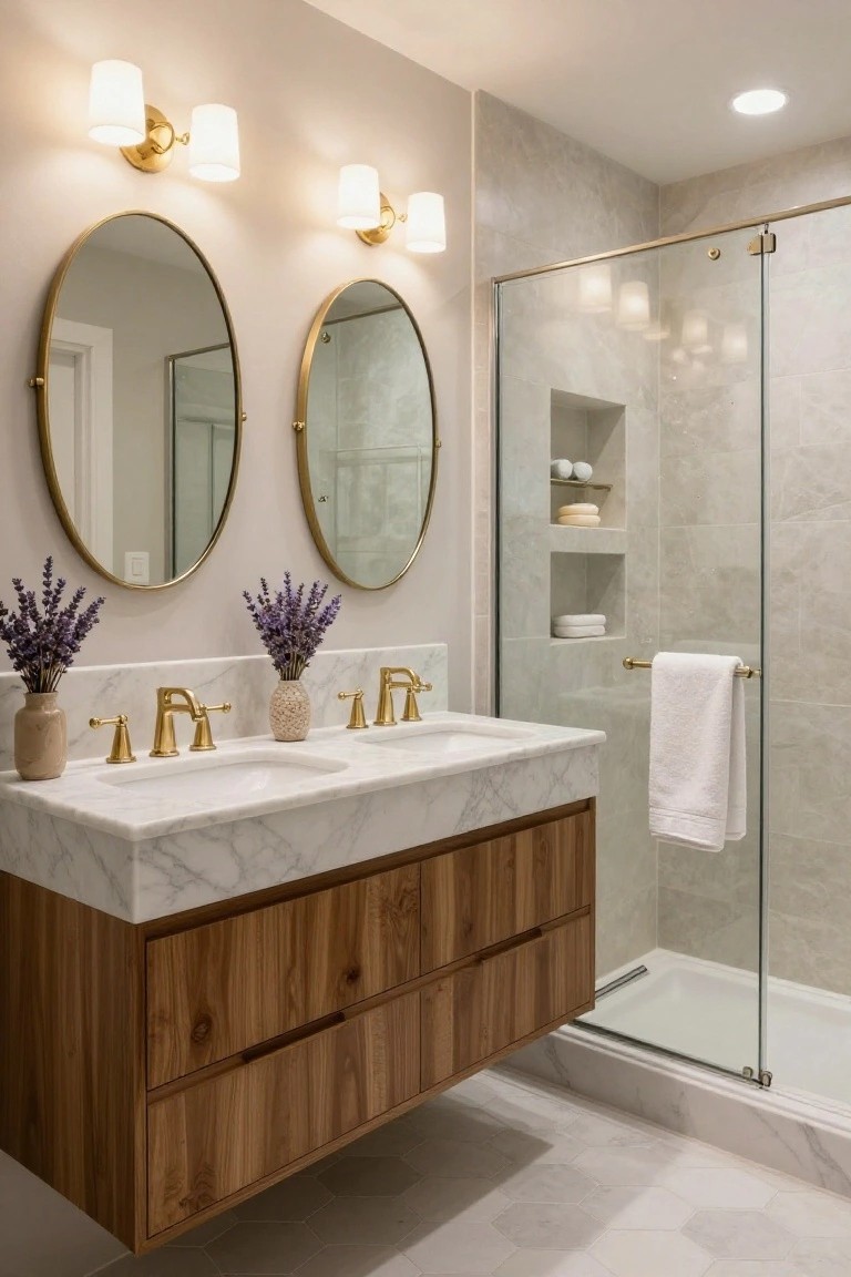 Bathroom with floating wooden double vanity topped by white marble, two gold faucets and sinks, flanked by large oval gold-framed mirrors with lavender arrangements, brass sconces, and adjacent glass shower enclosure with built-in niches and towel bar.