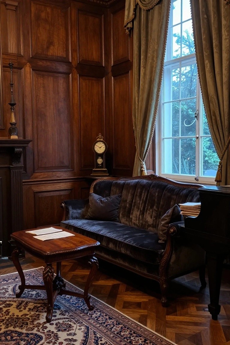 Wood-paneled interior room with dark velvet sofa, wooden coffee table holding papers, mantel clock above fireplace, brass lamp, and ebony piano near tall window with green drapes on parquet floor.