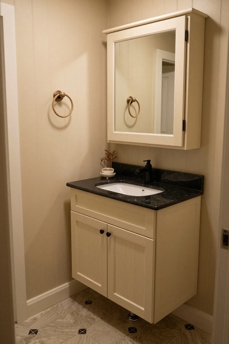 Small bathroom with floating white shaker-style vanity topped by black granite countertop and undermount sink, brass towel ring on wall, mirrored medicine cabinet, and beaded board walls over patterned tile floor.