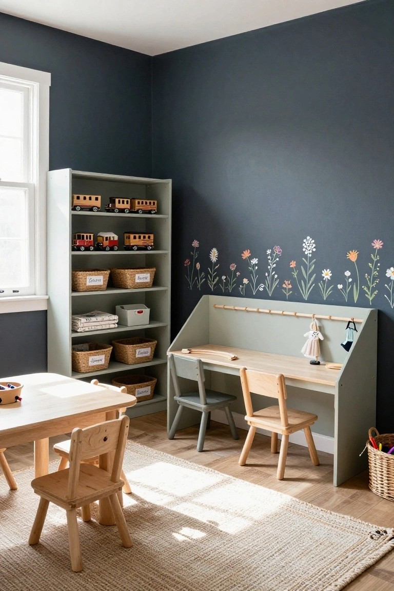 Children's playroom corner with tall sage green shelving unit featuring integrated desk at bottom, wooden toy trains and cars on shelves, labeled wicker baskets, wooden table and chairs, dark blue walls with painted flower decals, light wood floor and rug.