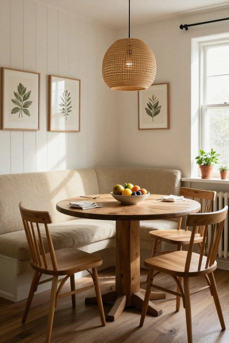 Beige corner booth with cushions around a round wooden pedestal table holding a fruit bowl and napkins, two wooden spindle chairs, rattan pendant light overhead, botanical prints on white vertical plank walls, window with potted herbs, and hardwood floor.