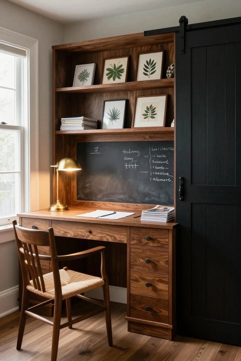Wooden built-in desk with surrounding open shelves holding books and framed leaf prints, a chalkboard panel above the desk, gold desk lamp, rush-seat chair, and black sliding barn door in a light gray room with hardwood floors.