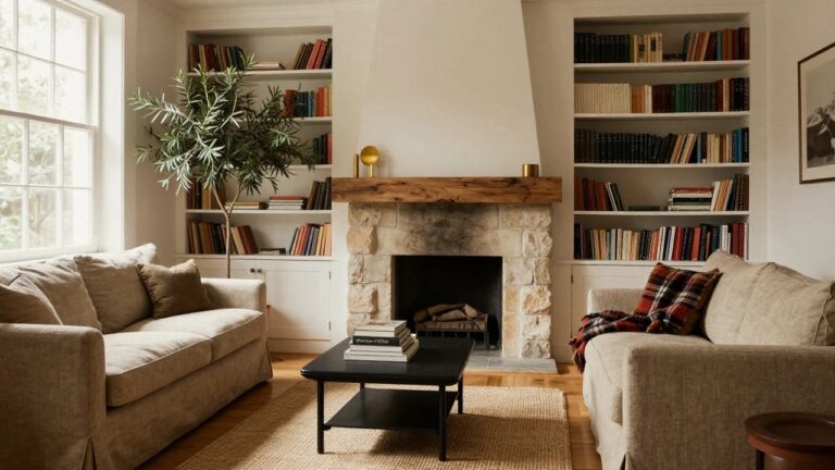 Living room with a tall fieldstone fireplace under a wooden mantel flanked by white built-in bookshelves, a beige sofa, low coffee table stacked with books, potted plants, and natural light from a window.