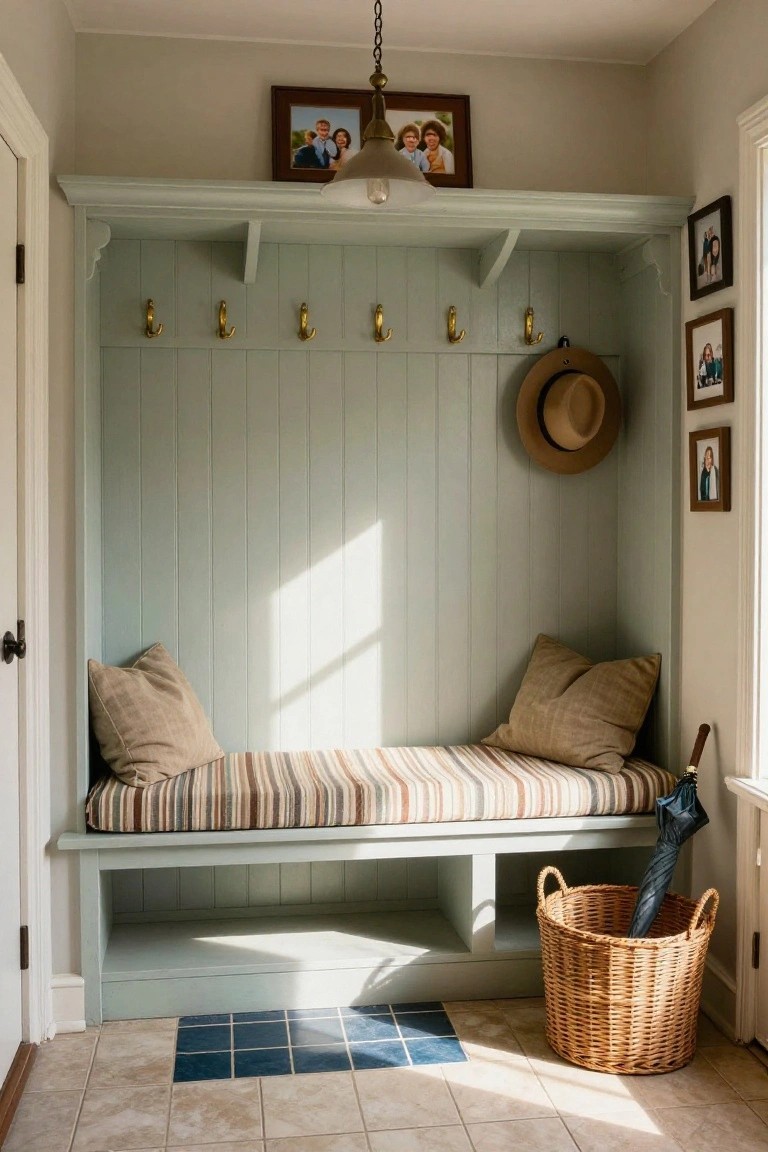 Pale green painted wooden built-in mudroom with brass coat hooks, cushioned bench, wicker umbrella basket, hanging hat, and framed family photos on beige walls next to a door.
