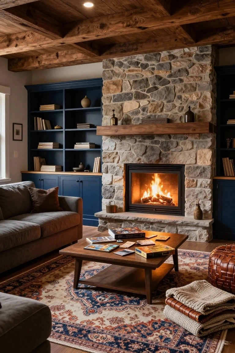 Living room with a central stone fireplace flanked by navy blue built-in bookshelves and cabinets, gray sofa, wooden coffee table with books, Persian rug, and exposed wooden beam ceiling.