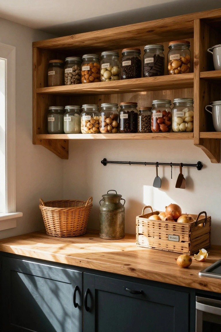 Rustic kitchen corner with open wooden shelves holding labeled glass jars of dry goods like spices, beans, nuts, and onions, wooden countertop with baskets and a vintage jug, dark cabinets below.